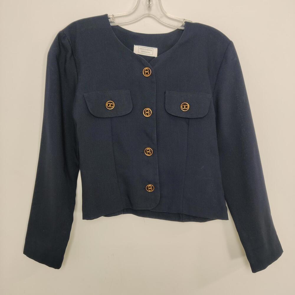 Beechers Brook Navy Cropped Gold Button Blazer Jacket Size Small